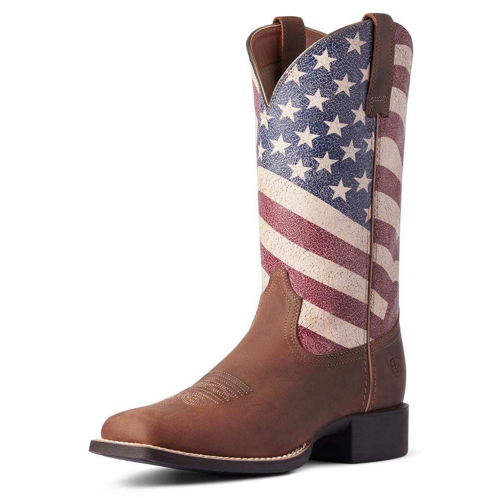 Ariat Round Up Patriot Western Boot - DISTRESSED BROWN